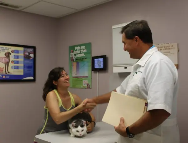 The female owner of the cat shook hands with the vet