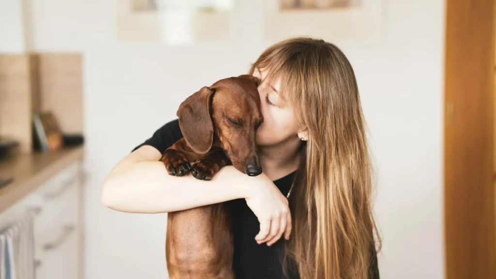 A young woman holding and kissing a brown dachshund dog.